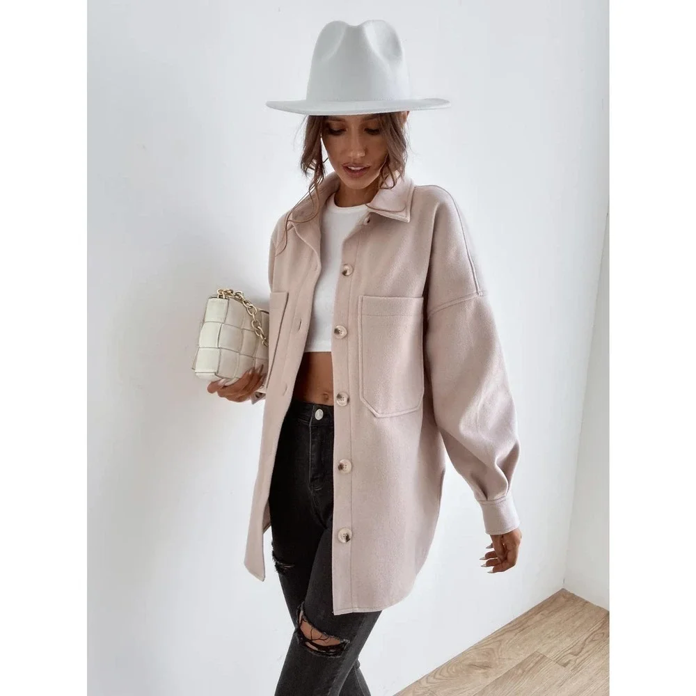 Drop Shoulder Pocket boyfriend shacket oversized jacket Coat cream tan - Picture 5 of 8